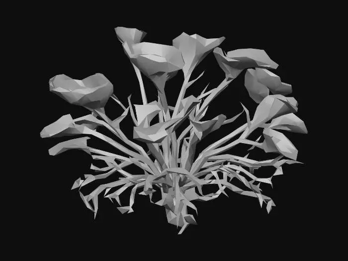 3D model for A alien-like underwater plant, featuring translucent, gelatinous leaves that softly undulate. Its vibrant, neon-blue glow emanates from intricate internal veins, contrasting with deep green stalks. The texture appears smooth and slightly slimy, with delicate, almost fractal branching structures. It has an ethereal, otherworldly presence, rooted firmly to an unseen surface.