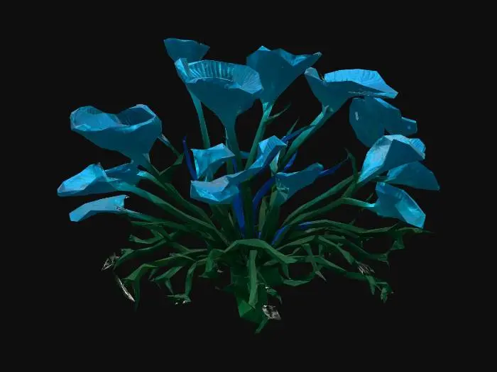 3D model for A alien-like underwater plant, featuring translucent, gelatinous leaves that softly undulate. Its vibrant, neon-blue glow emanates from intricate internal veins, contrasting with deep green stalks. The texture appears smooth and slightly slimy, with delicate, almost fractal branching structures. It has an ethereal, otherworldly presence, rooted firmly to an unseen surface.