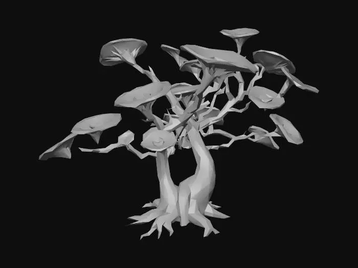 3D model for A alien-like underwater tree, featuring translucent, gelatinous leaves that softly undulate. Its vibrant, neon-pink glow emanates from intricate internal veins, contrasting with deep green stalks. The texture appears smooth and slightly slimy. It has an ethereal, otherworldly presence, rooted firmly to an unseen surface.