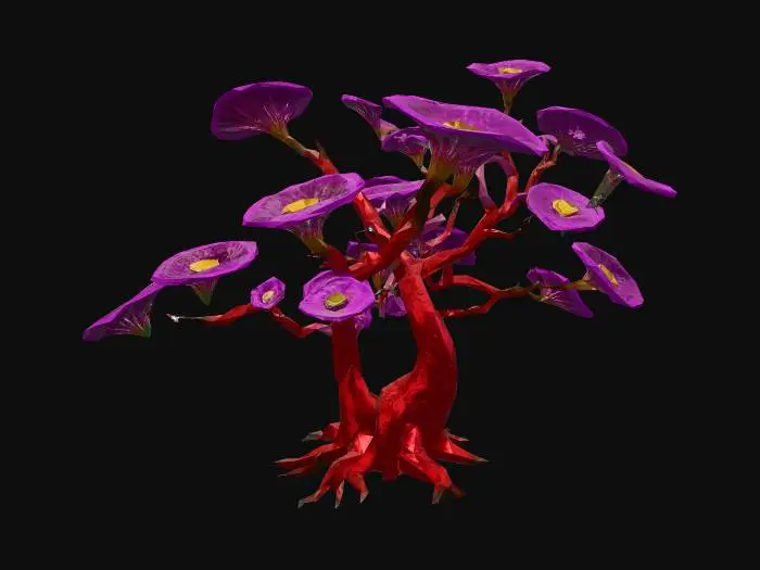 3D model for A alien-like underwater tree, featuring translucent, gelatinous leaves that softly undulate. Its vibrant, neon-pink glow emanates from intricate internal veins, contrasting with deep green stalks. The texture appears smooth and slightly slimy. It has an ethereal, otherworldly presence, rooted firmly to an unseen surface.