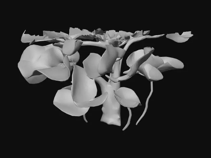 3D model for A alien-like underwater tree, featuring translucent, gelatinous leaves that softly undulate. Its vibrant, neon-pink glow emanates from intricate internal veins, contrasting with deep green stalks. The texture appears smooth and slightly slimy. It has an ethereal, otherworldly presence, rooted firmly to an unseen surface.