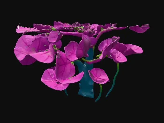 3D model for A alien-like underwater tree, featuring translucent, gelatinous leaves that softly undulate. Its vibrant, neon-pink glow emanates from intricate internal veins, contrasting with deep green stalks. The texture appears smooth and slightly slimy. It has an ethereal, otherworldly presence, rooted firmly to an unseen surface.