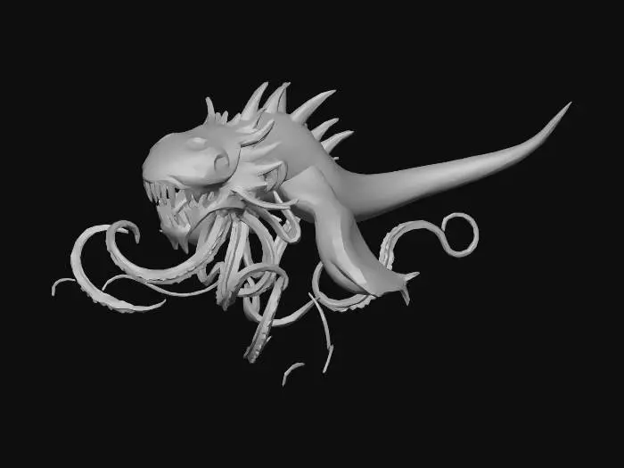 3D model for A colossal, scary sea leviathan, featuring a serpentine body with multiple bioluminescent tentacles. Its tough, dark blue skin shimmers with an oily sheen, adorned with glowing, alien-like patterns and sharp, jagged fins. Intricate, pulsating details emit an eerie, green light, suggesting a smooth yet leathery texture. Its enormous head possesses menacing, multi-faceted eyes and sharp, bone-like protrusions.