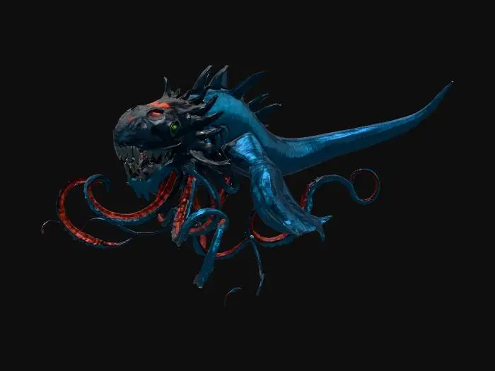 3D model for A colossal, scary sea leviathan, featuring a serpentine body with multiple bioluminescent tentacles. Its tough, dark blue skin shimmers with an oily sheen, adorned with glowing, alien-like patterns and sharp, jagged fins. Intricate, pulsating details emit an eerie, green light, suggesting a smooth yet leathery texture. Its enormous head possesses menacing, multi-faceted eyes and sharp, bone-like protrusions.