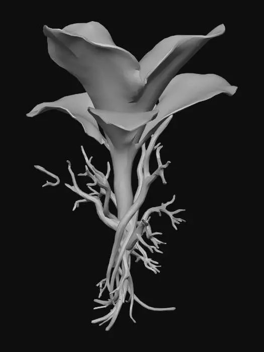 3D model for A alien-like underwater plant, featuring translucent, gelatinous leaves that softly undulate. Its vibrant, neon-blue glow emanates from intricate internal veins, contrasting with deep green stalks. The texture appears smooth and slightly slimy, with delicate, almost fractal branching structures. It has an ethereal, otherworldly presence, rooted firmly to an unseen surface.