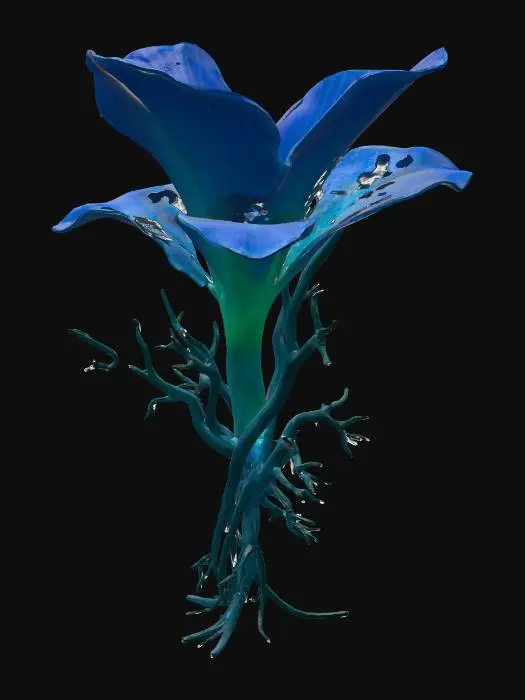 3D model for A alien-like underwater plant, featuring translucent, gelatinous leaves that softly undulate. Its vibrant, neon-blue glow emanates from intricate internal veins, contrasting with deep green stalks. The texture appears smooth and slightly slimy, with delicate, almost fractal branching structures. It has an ethereal, otherworldly presence, rooted firmly to an unseen surface.