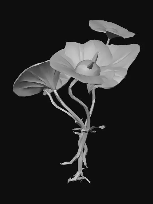 3D model for A bioluminescent alien underwater plant, featuring translucent, gelatinous leaves that softly undulate. Its vibrant, neon-blue glow emanates from intricate internal veins, contrasting with deep purple stalks. The texture appears smooth and slightly slimy, with delicate, almost fractal branching structures. It has an ethereal, otherworldly presence, rooted firmly to an unseen surface.