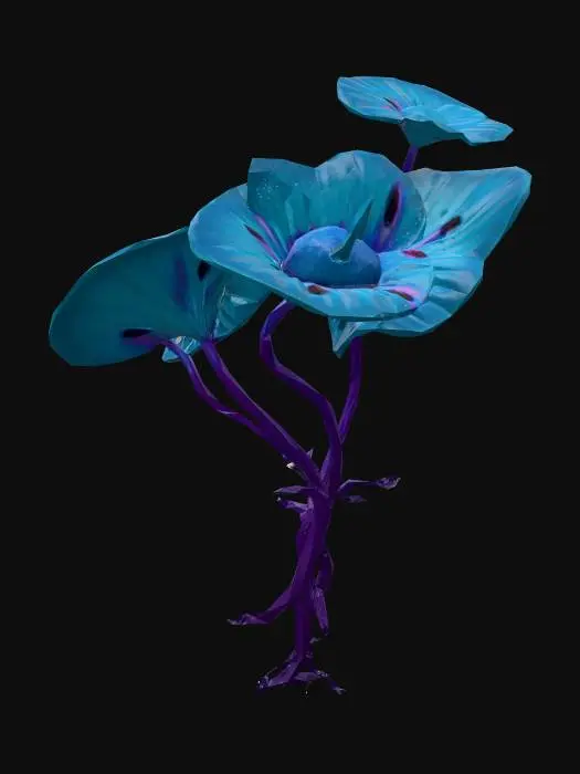 3D model for A bioluminescent alien underwater plant, featuring translucent, gelatinous leaves that softly undulate. Its vibrant, neon-blue glow emanates from intricate internal veins, contrasting with deep purple stalks. The texture appears smooth and slightly slimy, with delicate, almost fractal branching structures. It has an ethereal, otherworldly presence, rooted firmly to an unseen surface.