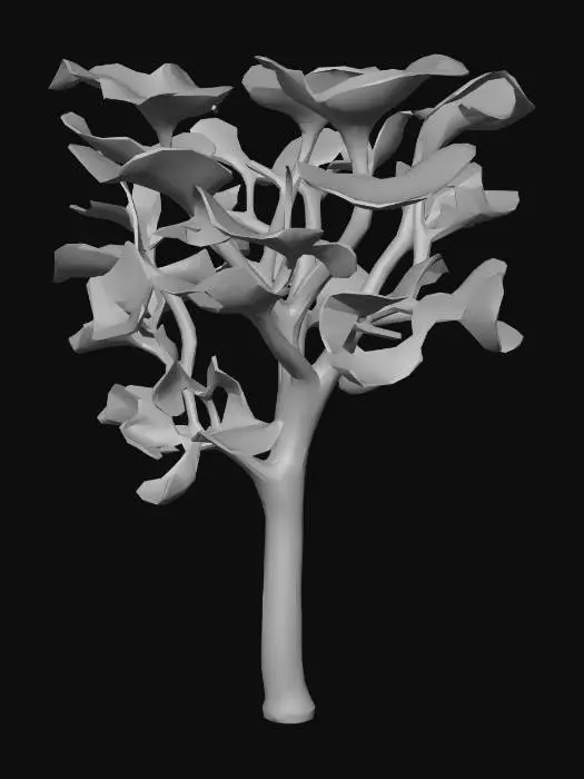 3D model for A alien-like underwater tree, featuring translucent, gelatinous leaves that softly undulate. Its vibrant, neon-pink glow emanates from intricate internal veins, contrasting with deep green stalks. The texture appears smooth and slightly slimy. It has an ethereal, otherworldly presence, rooted firmly to an unseen surface.