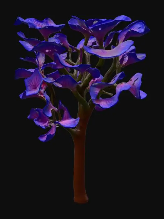 3D model for A alien-like underwater tree, featuring translucent, gelatinous leaves that softly undulate. Its vibrant, neon-pink glow emanates from intricate internal veins, contrasting with deep green stalks. The texture appears smooth and slightly slimy. It has an ethereal, otherworldly presence, rooted firmly to an unseen surface.