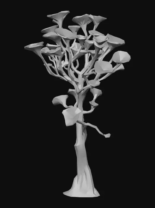 3D model for A alien-like underwater tree, featuring translucent, gelatinous leaves that softly undulate. Its vibrant, neon-pink glow emanates from intricate internal veins, contrasting with deep green stalks. The texture appears smooth and slightly slimy. It has an ethereal, otherworldly presence, rooted firmly to an unseen surface.