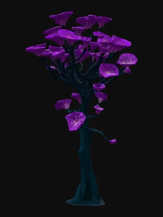 3D model for A alien-like underwater tree, featuring translucent, gelatinous leaves that softly undulate. Its vibrant, neon-pink glow emanates from intricate internal veins, contrasting with deep green stalks. The texture appears smooth and slightly slimy. It has an ethereal, otherworldly presence, rooted firmly to an unseen surface.