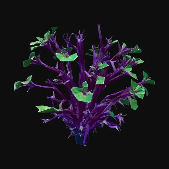 3D model for A alien-like underwater plant, featuring translucent, gelatinous leaves that softly undulate. Its vibrant, neon-blue glow emanates from intricate internal veins, contrasting with deep purple stalks. The texture appears smooth and slightly slimy, with delicate, almost fractal branching structures. It has an ethereal, otherworldly presence, rooted firmly to an unseen surface.
