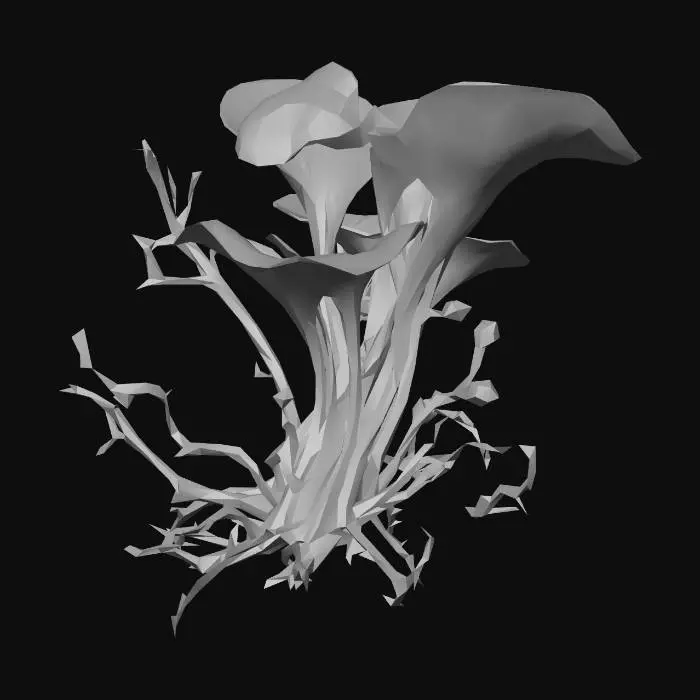 3D model for A alien-like underwater plant, featuring translucent, gelatinous leaves that softly undulate. Its vibrant, neon-blue glow emanates from intricate internal veins, contrasting with deep green stalks. The texture appears smooth and slightly slimy, with delicate, almost fractal branching structures. It has an ethereal, otherworldly presence, rooted firmly to an unseen surface.