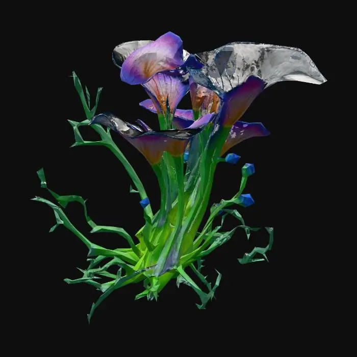 3D model for A alien-like underwater plant, featuring translucent, gelatinous leaves that softly undulate. Its vibrant, neon-blue glow emanates from intricate internal veins, contrasting with deep green stalks. The texture appears smooth and slightly slimy, with delicate, almost fractal branching structures. It has an ethereal, otherworldly presence, rooted firmly to an unseen surface.