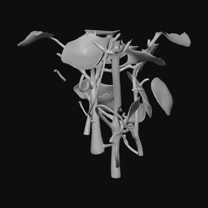 3D model for A bioluminescent alien underwater plant, featuring translucent, gelatinous leaves that softly undulate. Its vibrant, neon-blue glow emanates from intricate internal veins, contrasting with deep purple stalks. The texture appears smooth and slightly slimy, with delicate, almost fractal branching structures. It has an ethereal, otherworldly presence, rooted firmly to an unseen surface.