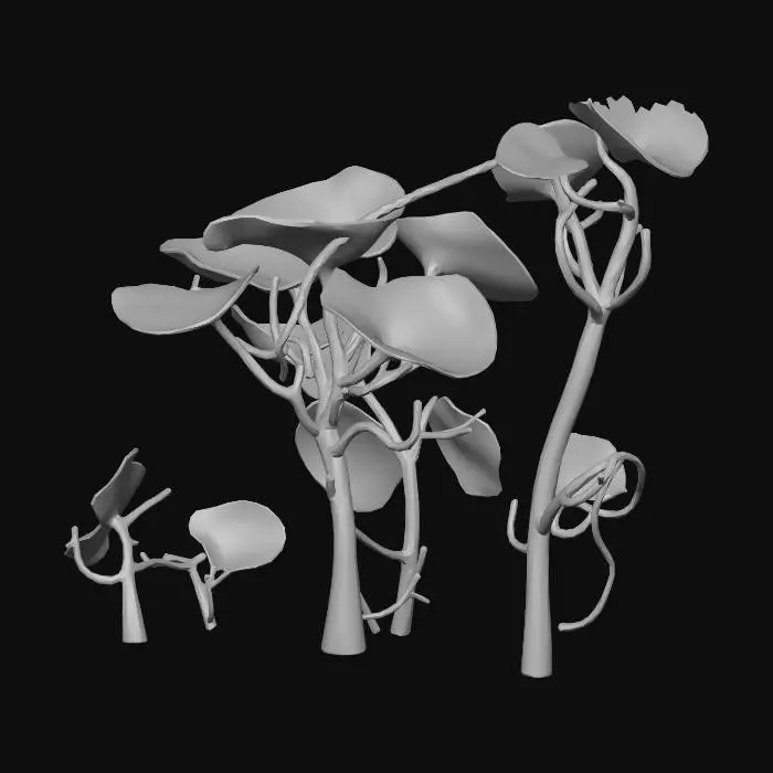 3D model for A bioluminescent alien underwater plant, featuring translucent, gelatinous leaves that softly undulate. Its vibrant, neon-blue glow emanates from intricate internal veins, contrasting with deep purple stalks. The texture appears smooth and slightly slimy, with delicate, almost fractal branching structures. It has an ethereal, otherworldly presence, rooted firmly to an unseen surface.