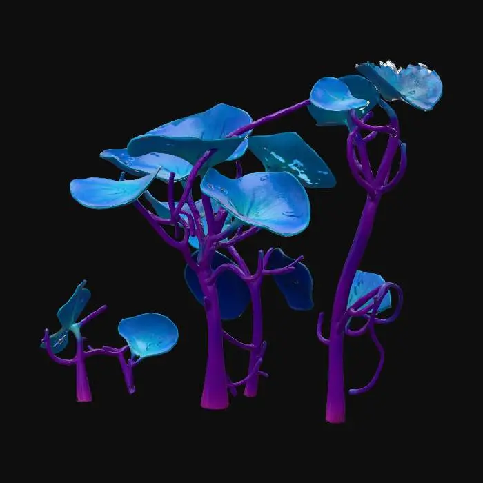 3D model for A bioluminescent alien underwater plant, featuring translucent, gelatinous leaves that softly undulate. Its vibrant, neon-blue glow emanates from intricate internal veins, contrasting with deep purple stalks. The texture appears smooth and slightly slimy, with delicate, almost fractal branching structures. It has an ethereal, otherworldly presence, rooted firmly to an unseen surface.