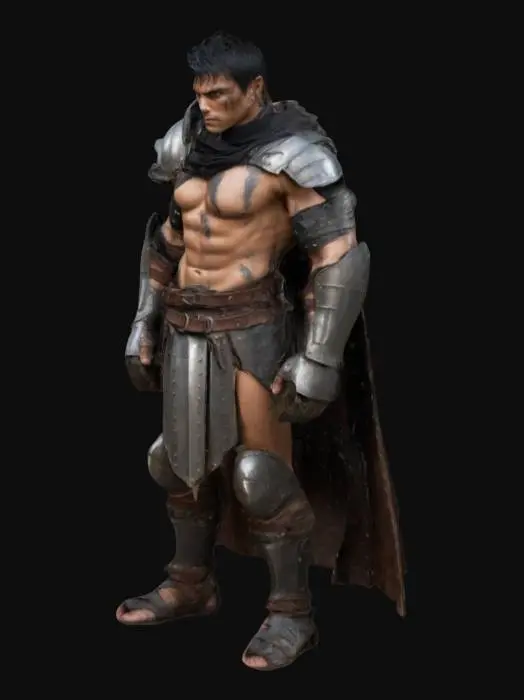 3D model for A tall, muscular warrior with tanned, scarred skin and short, spiky black hair. His face is sharp, with deep-set, intense eyes and a strong jawline. He wears dark, battle-worn armor with metal plates and leather straps. A heavy gauntlet covers his left arm, while his right arm is wrapped in a leather band. His legs are protected by metal greaves, and he wears sturdy boots. A tattered black cape flows behind him. His armor appears worn, showing signs of countless battles.