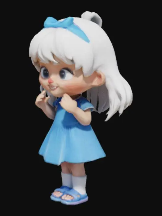 3D model for Alice, a 6-year-old playful girl, bangs, white hair, blue dress, white knee socks, blue sandals, curious facial expression.