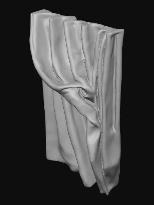 3D model for A soft, lightweight fabric curtain, rendered in a calming shade of cerulean blue, gently billows and folds as if caught by a light breeze. Its surface is adorned with evenly spaced, crisp white polka dots that create a playful yet elegant pattern. The fabric exhibits a delicate, almost translucent quality, allowing for subtle light interaction with its flowing, organic curves and rippling pleats. It feels airy and incredibly soft to the touch, emphasizing its pliable, textile nature.