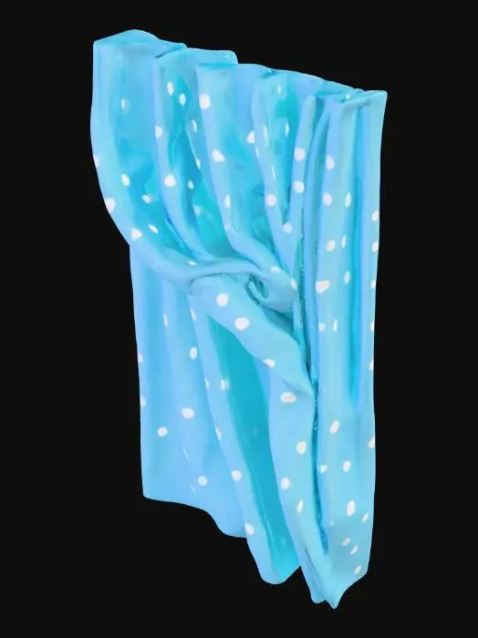 3D model for A soft, lightweight fabric curtain, rendered in a calming shade of cerulean blue, gently billows and folds as if caught by a light breeze. Its surface is adorned with evenly spaced, crisp white polka dots that create a playful yet elegant pattern. The fabric exhibits a delicate, almost translucent quality, allowing for subtle light interaction with its flowing, organic curves and rippling pleats. It feels airy and incredibly soft to the touch, emphasizing its pliable, textile nature.