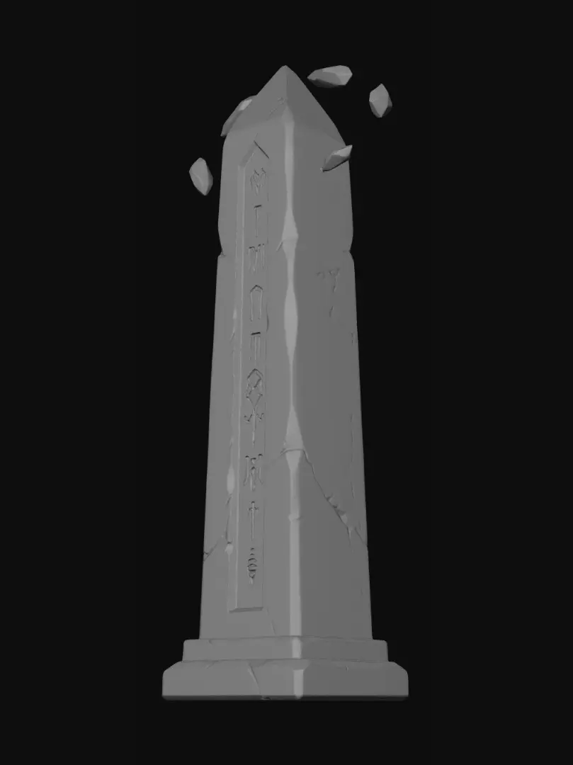 3D model for Stylized 3D model of an ancient, weathered white marble obelisk. Deeply engraved glowing cyan runes running down the center. The stone surface has realistic cracks and subtle moss growth at the base. Floating crystal shards orbit the top of the pillar. AAA game quality, clean topology for easy retopology, high-detail PBR textures. Studio lighting on a white background.