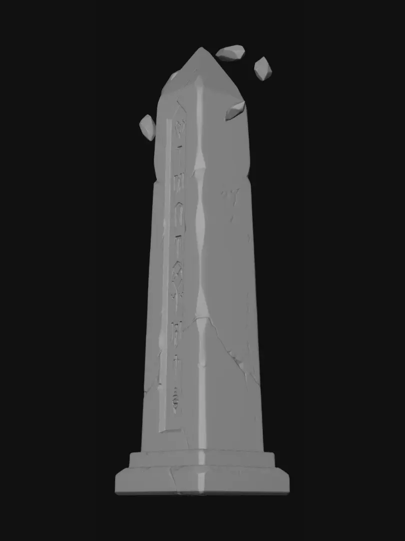3D model for Stylized 3D model of an ancient, weathered white marble obelisk. Deeply engraved glowing cyan runes running down the center. The stone surface has realistic cracks and subtle moss growth at the base. Floating crystal shards orbit the top of the pillar. AAA game quality, clean topology for easy retopology, high-detail PBR textures. Studio lighting on a white background.