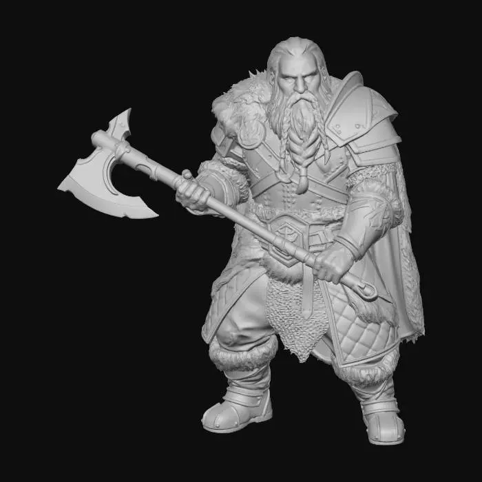 3D model for crie uma imagem de um anão guerreiro em pe com um machado de batalha apoiado no ombro olhando para frente com uma barba trançada roupas de guerreiro com uma base redonda com um chao rochoso