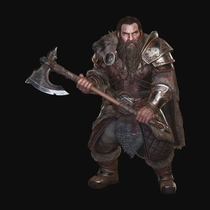 3D model for crie uma imagem de um anão guerreiro em pe com um machado de batalha apoiado no ombro olhando para frente com uma barba trançada roupas de guerreiro com uma base redonda com um chao rochoso
