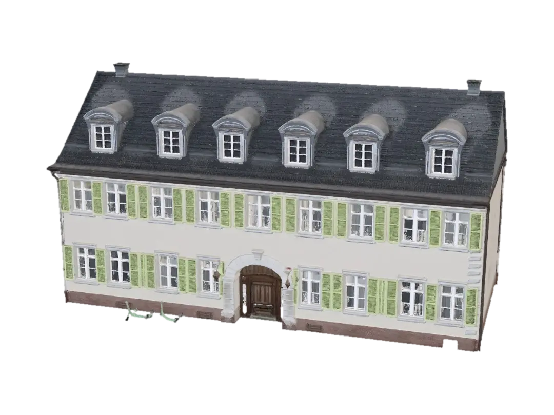 Sunlit Townhouse with Green Shutters 3D model, vytvořený pomocí AI