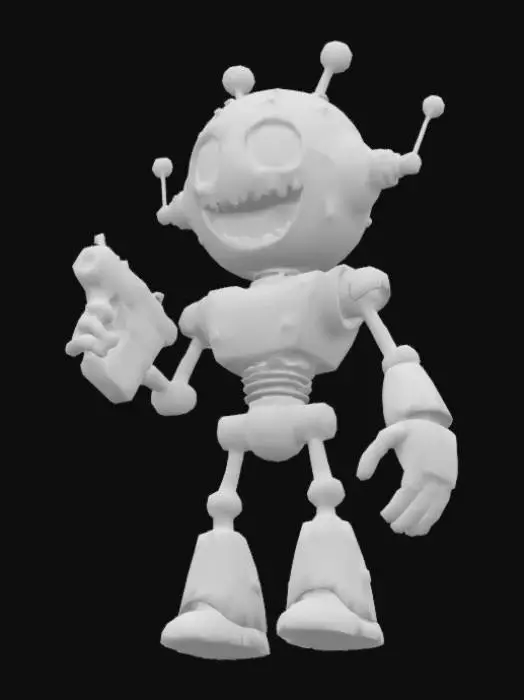 3D model for Cartoon evil looking robot. big hands with only three fingers on each hand. A 1950s looking ray gun. lots of gears and cogs where the joints are. Industrial looking. colour electric blue