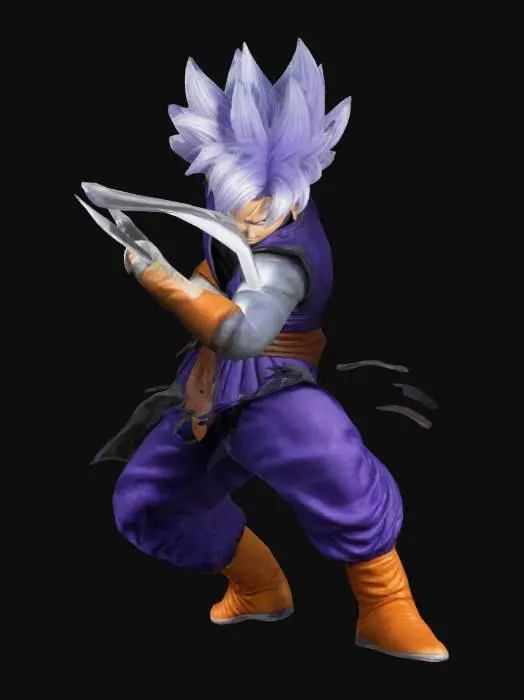 3D model for Future Trunks from Dragonball Z should be in a battle-ready stance, with one leg slightly forward and his sword held horizontally in both hands. The sword’s blade should be angled slightly upwards showcasing his readiness for battle. Ensure realistic texture details (fabric weave, leather stitching, metallic shine on the sword). Focus on making the character look believable in a real-world context, while retaining the essence of Future Trunks' iconic look.
