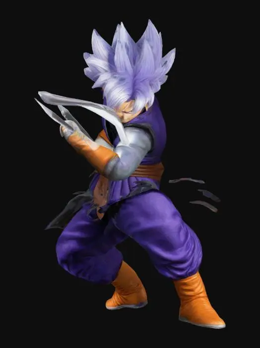 3D model for Future Trunks from Dragonball Z should be in a battle-ready stance, with one leg slightly forward and his sword held horizontally in both hands. The sword’s blade should be angled slightly upwards showcasing his readiness for battle. Ensure realistic texture details (fabric weave, leather stitching, metallic shine on the sword). Focus on making the character look believable in a real-world context, while retaining the essence of Future Trunks' iconic look.