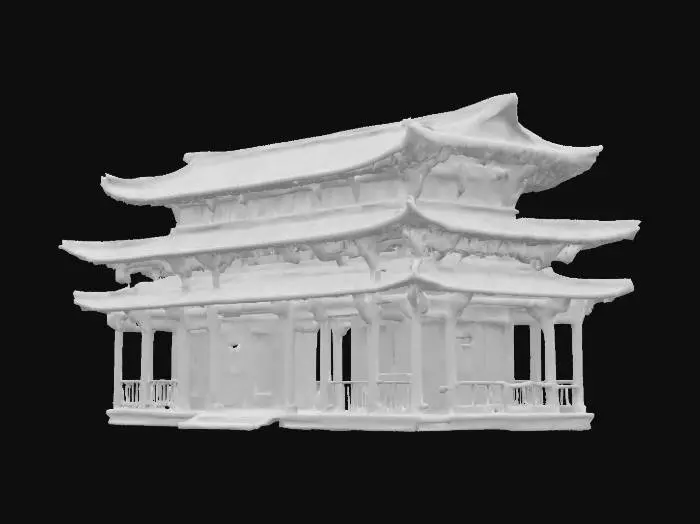 3D model for A realistic, cinematic rendering of a traditional Japanese temple, featuring aged, dark timber beams and intricately curved roof tiles. The structure possesses a weighty, solid presence, with smooth, polished wooden verandas leading to a grand, ornately carved entrance. Its deep eaves cast dramatic shadows, highlighting the rich, natural grain of the wood and the subtle patina on the clay tiles, hinting at centuries of weather.