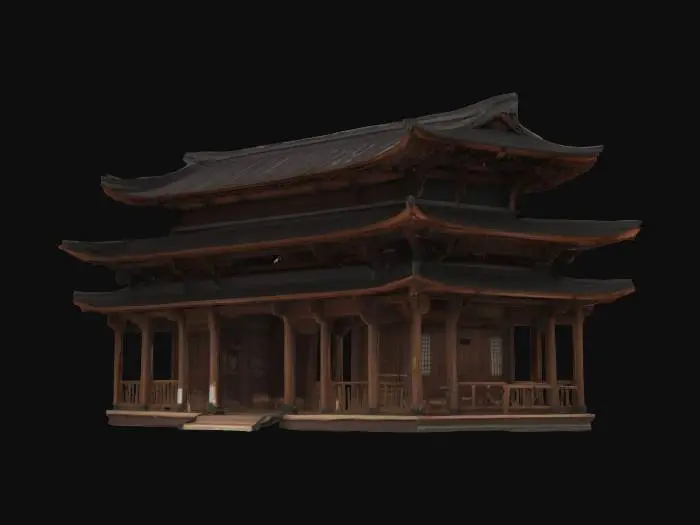 3D model for A realistic, cinematic rendering of a traditional Japanese temple, featuring aged, dark timber beams and intricately curved roof tiles. The structure possesses a weighty, solid presence, with smooth, polished wooden verandas leading to a grand, ornately carved entrance. Its deep eaves cast dramatic shadows, highlighting the rich, natural grain of the wood and the subtle patina on the clay tiles, hinting at centuries of weather.