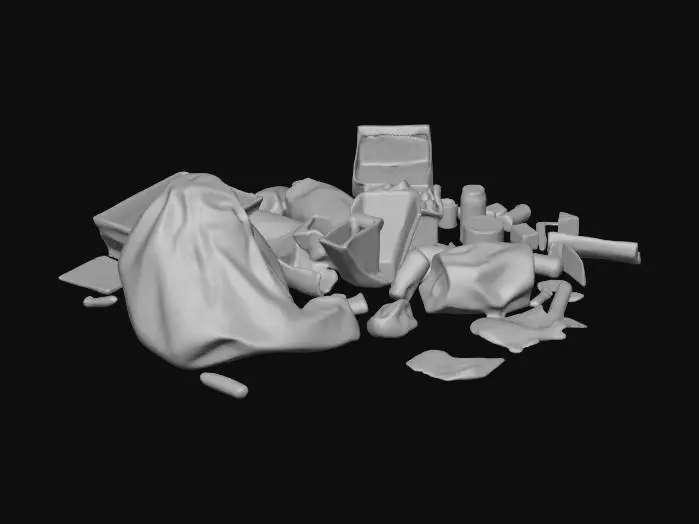 3D model for High Detail 4k Trash Pile with plastic garbage bags, soda cans, cigarettes, cardboard boxes, rusty metal objects, rotten food, pizza boxes, paper plates, plastic silverware, bottles, wrappers from food, magazines