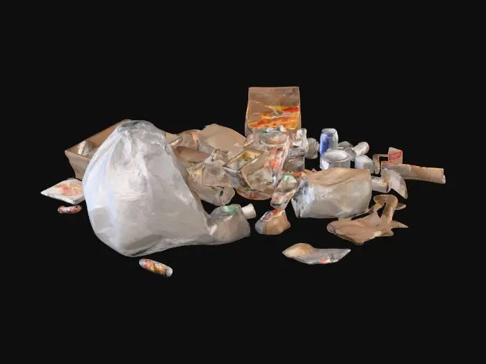 3D model for High Detail 4k Trash Pile with plastic garbage bags, soda cans, cigarettes, cardboard boxes, rusty metal objects, rotten food, pizza boxes, paper plates, plastic silverware, bottles, wrappers from food, magazines