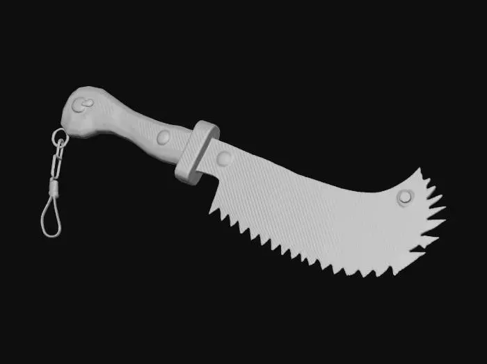 3D model for Post-apocalyptic cleaver made from half a circular saw blade, serrations partly ground down, cracked tooth tips, deep scratches. Tang welded into chunky handle with wood scales and bolts, wrapped with tape. Add hanging ring and small leather lanyard. PBR, realistic metal wear, game-ready.