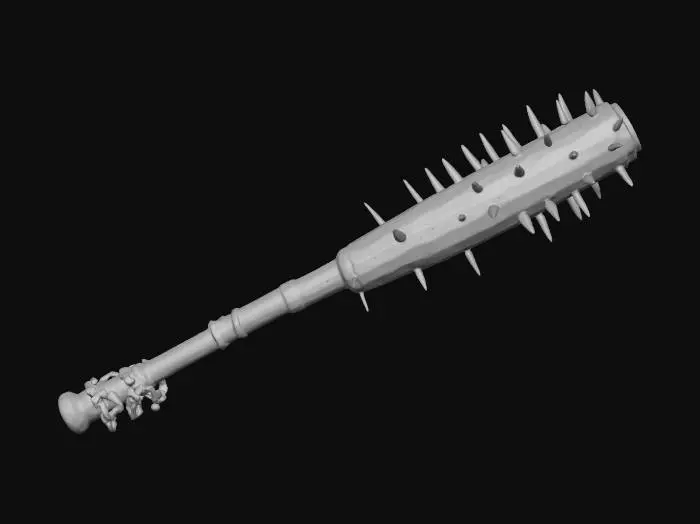 3D model for Wasteland nail bat: wooden baseball bat with embedded nails and screws, metal wire wrapped near barrel for reinforcement, tape grip, chipped varnish, dirt and grime. Some nails bent, rusted heads, dried mud. Add small dangling chain at handle end. PBR, game-ready, realistic.