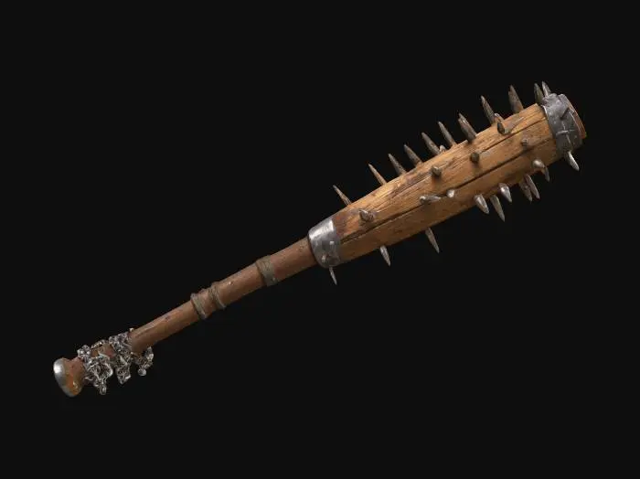 3D model for Wasteland nail bat: wooden baseball bat with embedded nails and screws, metal wire wrapped near barrel for reinforcement, tape grip, chipped varnish, dirt and grime. Some nails bent, rusted heads, dried mud. Add small dangling chain at handle end. PBR, game-ready, realistic.