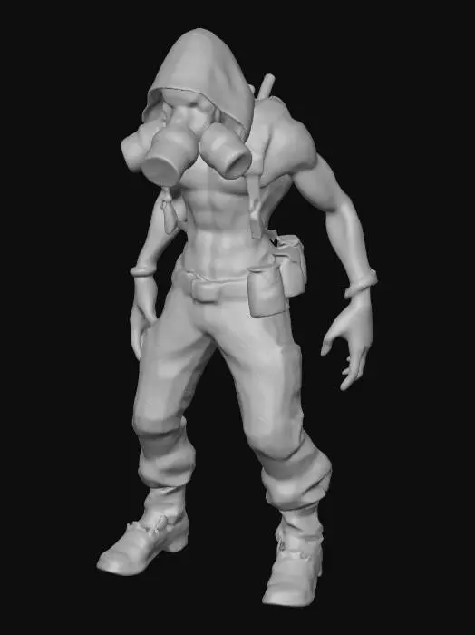 3D model for Hunched wasteland mutant scavenger, broad asym silhouette: oversized right arm fused with knotted muscle/bone spurs; left arm lean, quick-grab gear. Leathery sun-baked skin with patchy burn scars, cracked-mud look, faint biolum veins, sickly-green glow under torn flesh. Face half-masked by crude scrap-welded respirator; one milky cataract eye, one sharp amber eye; jagged teeth under split lip; ragged dirty-canvas hood/cowl. Rust plates on fraying webbing, dangling spent casings & bone charms, battered satchel, improvised knee guards. Graphics: semi-real gritty, slight desat; PBR microdetail (pores, cracking, rust pitting, fabric weave); 4K albedo/normal/rough/metal; clear material separation; strong silhouette at range; game-ready topo mid-poly 25–60k tris, extra geo for spurs+respirator.