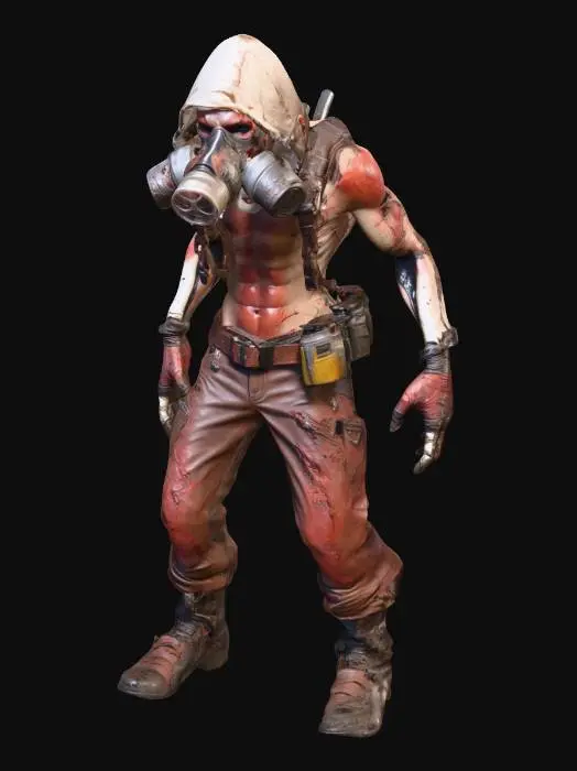 3D model for Hunched wasteland mutant scavenger, broad asym silhouette: oversized right arm fused with knotted muscle/bone spurs; left arm lean, quick-grab gear. Leathery sun-baked skin with patchy burn scars, cracked-mud look, faint biolum veins, sickly-green glow under torn flesh. Face half-masked by crude scrap-welded respirator; one milky cataract eye, one sharp amber eye; jagged teeth under split lip; ragged dirty-canvas hood/cowl. Rust plates on fraying webbing, dangling spent casings & bone charms, battered satchel, improvised knee guards. Graphics: semi-real gritty, slight desat; PBR microdetail (pores, cracking, rust pitting, fabric weave); 4K albedo/normal/rough/metal; clear material separation; strong silhouette at range; game-ready topo mid-poly 25–60k tris, extra geo for spurs+respirator.