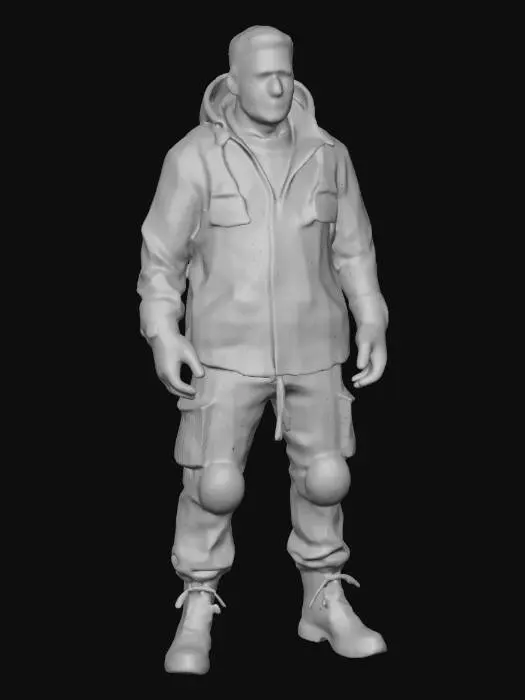 3D model for A contemporary urban survivalist in a heavily customized, heavy oilskin canvas jacket and multi-layered leather knee pads. His backpack is strung with worn aluminum tools and nylon ropes. Deeply sculpted face, rough stubble, and alert eyes. *Requirement: Hyper-realistic, detail-oriented, emphasizing the canvas's waterproofing, the wear of the leather, and the severe weathering of all metal components.