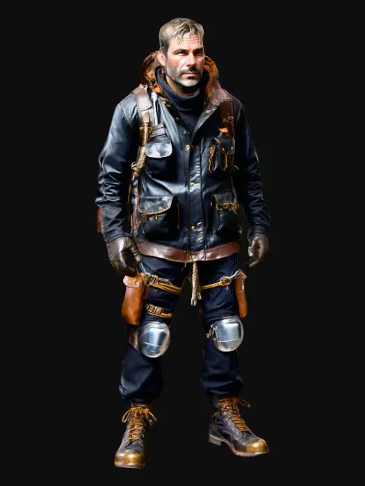 3D model for A contemporary urban survivalist in a heavily customized, heavy oilskin canvas jacket and multi-layered leather knee pads. His backpack is strung with worn aluminum tools and nylon ropes. Deeply sculpted face, rough stubble, and alert eyes. *Requirement: Hyper-realistic, detail-oriented, emphasizing the canvas's waterproofing, the wear of the leather, and the severe weathering of all metal components.