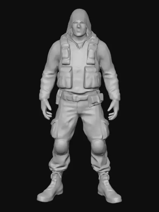 3D model for Post-apocalyptic survivor, full-body, realistic proportions, layered scavenger outfit: faded hooded jacket over patched tactical vest, ripped cargo pants, knee pads, worn combat boots, fingerless gloves. Mixed materials: canvas, leather, duct-tape repairs, stitched patches, dirt and oil stains. Utility belt with pouches, rope, carabiners, canteen, small med kit. Face: light stubble, tired eyes, dust mask hanging on neck, small scar on cheek. Neutral pose, clean silhouette, game-ready, PBR textures.