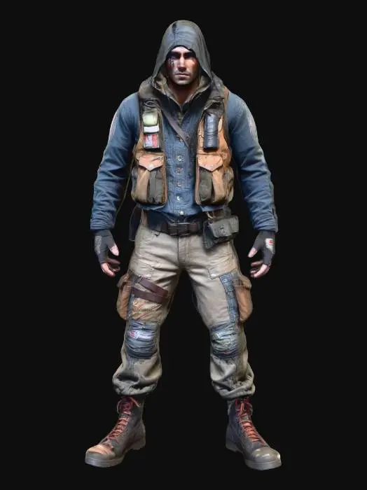 3D model for Post-apocalyptic survivor, full-body, realistic proportions, layered scavenger outfit: faded hooded jacket over patched tactical vest, ripped cargo pants, knee pads, worn combat boots, fingerless gloves. Mixed materials: canvas, leather, duct-tape repairs, stitched patches, dirt and oil stains. Utility belt with pouches, rope, carabiners, canteen, small med kit. Face: light stubble, tired eyes, dust mask hanging on neck, small scar on cheek. Neutral pose, clean silhouette, game-ready, PBR textures.