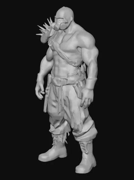 3D model for Full-body post-apocalyptic raider, muscular build, asymmetrical armor made from scrap metal plates bolted to a battered chest rig, spiked shoulder pad, forearm bracers, torn sleeveless shirt, stained wraps, reinforced boots. Helmet: half-face respirator + cracked goggles, grime and rust, graffiti markings. Accessories: chained knife sheath, ammo bandolier, trophies on belt. Skin: bruises, scars, dust. Strong stance, intimidating shape language, high detail PBR, realistic wear, game-ready topology.