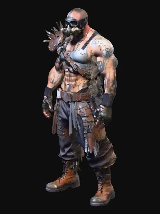 3D model for Full-body post-apocalyptic raider, muscular build, asymmetrical armor made from scrap metal plates bolted to a battered chest rig, spiked shoulder pad, forearm bracers, torn sleeveless shirt, stained wraps, reinforced boots. Helmet: half-face respirator + cracked goggles, grime and rust, graffiti markings. Accessories: chained knife sheath, ammo bandolier, trophies on belt. Skin: bruises, scars, dust. Strong stance, intimidating shape language, high detail PBR, realistic wear, game-ready topology.