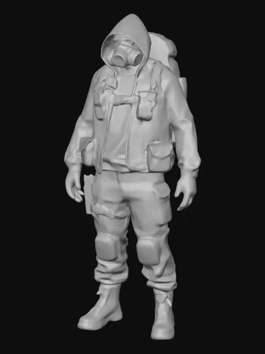 3D model for Full-body urban scavenger/explorer, realistic proportions, dark layered streetwear: armored hoodie, padded jacket, slim cargo pants, kneepads, high-top boots. Chest rig with pouches, lockpicks, flashlight, small crowbar, zip ties. Half-mask respirator, scratched tactical goggles, earbuds radio wire. Textures: concrete dust, rain stains, paint scrapes, frayed seams. Subtle scars, tired look. Neutral pose, clean topology, PBR, game-ready.